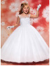 White Beaded Lace Tulle Floor Length Flower Girl Dress First Communion Dress